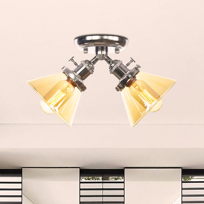 Vintage Style Semi Flush Mount Restaurant Ceiling Light With Conic Amber/Clear Glass Shade - 2 Heads