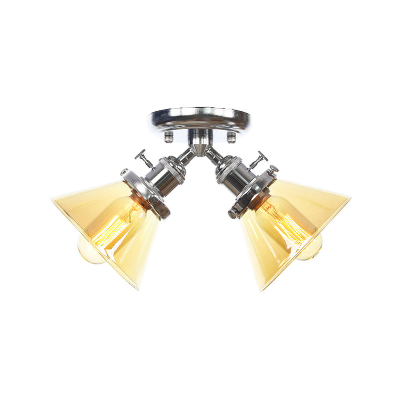 Vintage Style Semi Flush Mount Restaurant Ceiling Light With Conic Amber/Clear Glass Shade - 2 Heads