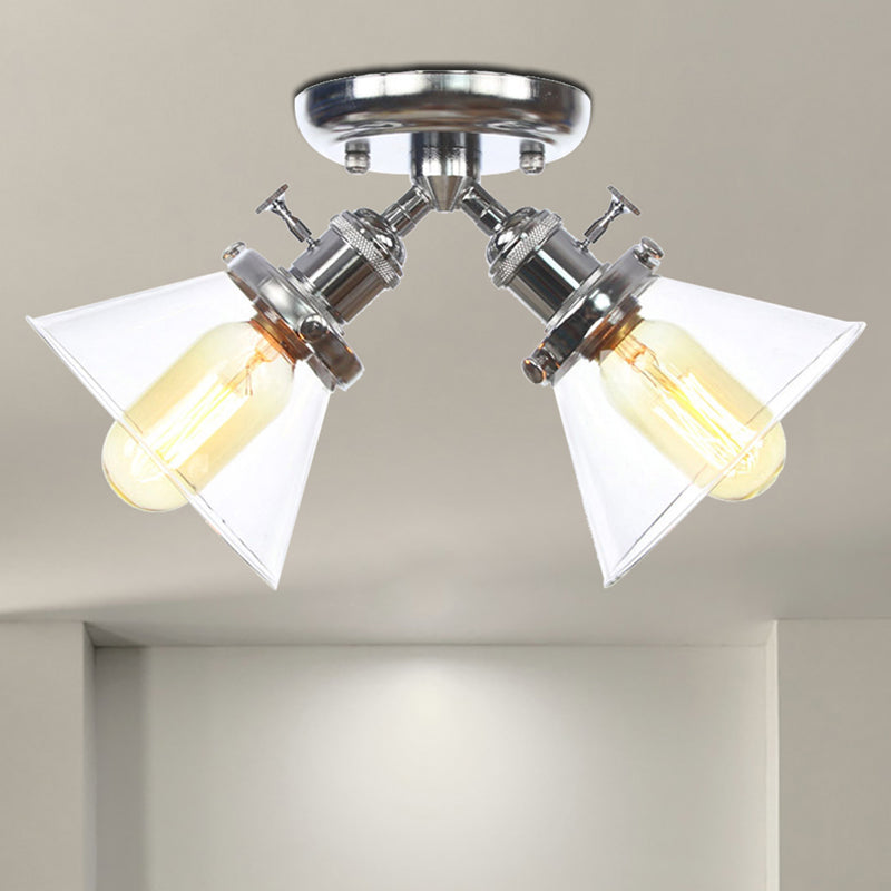 Vintage Style Semi Flush Mount Restaurant Ceiling Light With Conic Amber/Clear Glass Shade - 2 Heads