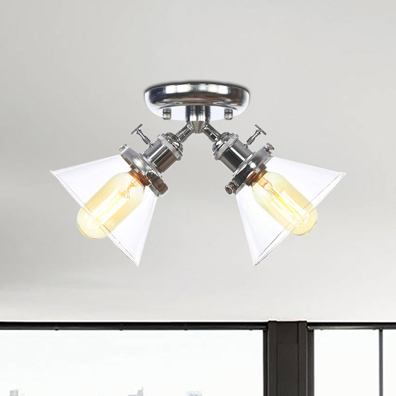 Vintage Style Semi Flush Mount Restaurant Ceiling Light With Conic Amber/Clear Glass Shade - 2 Heads