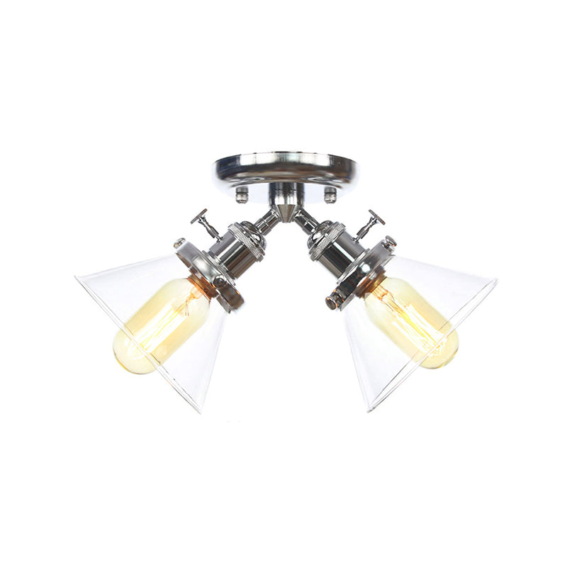 Vintage Style Semi Flush Mount Restaurant Ceiling Light With Conic Amber/Clear Glass Shade - 2 Heads