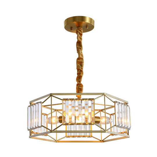 Modern Crystal Block Hanging Light With Hexagon Metal Frame - 3 Heads In Gold