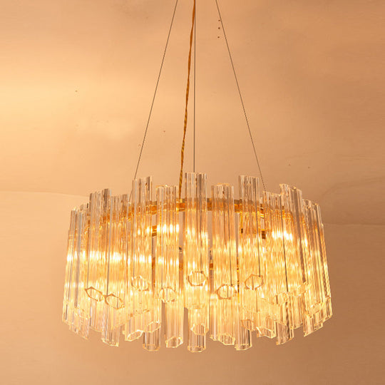 Lustre circulaire moderne : cristal transparent strié, 8 têtes, luminaire suspendu doré