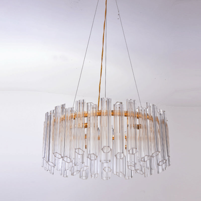 Lustre circulaire moderne : cristal transparent strié, 8 têtes, luminaire suspendu doré