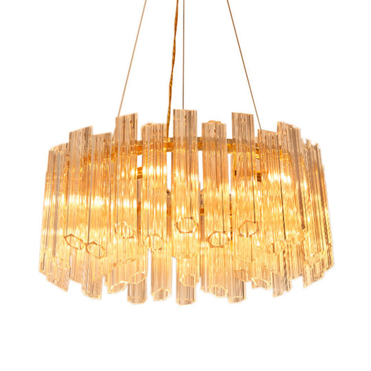 Lustre circulaire moderne : cristal transparent strié, 8 têtes, luminaire suspendu doré