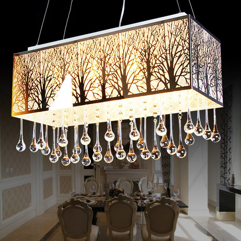 White Modern Island Light With 3 Waterdrop Crystal Heads And Forest Pattern