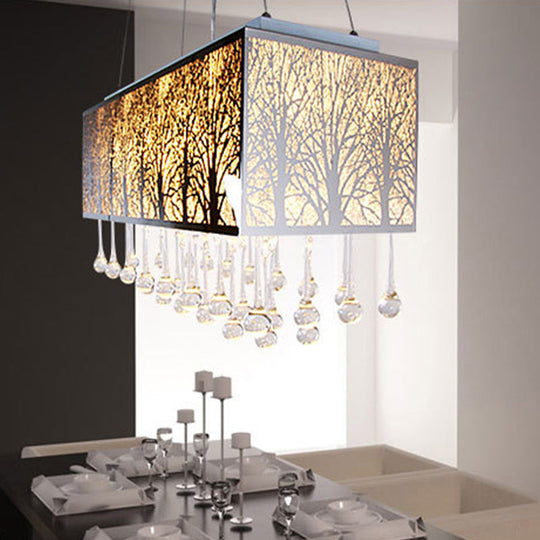 White Modern Island Light With 3 Waterdrop Crystal Heads And Forest Pattern