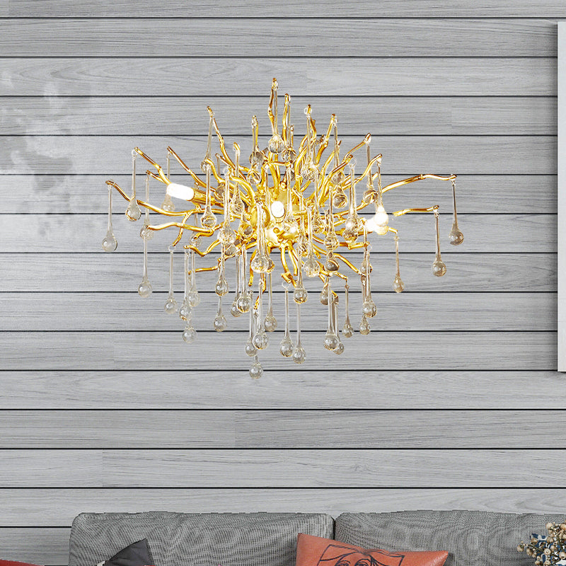 Art Deco Starburst Crystal Wall Sconce With 3 Waterdrop Shades - Gold Finish