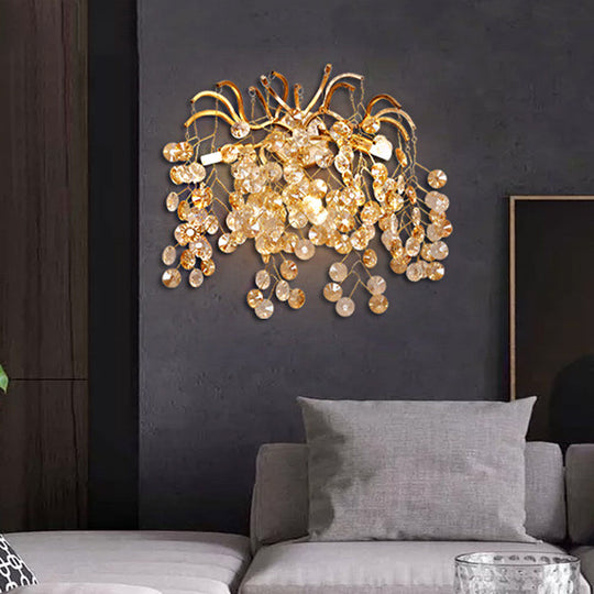 Golden Branch Crystal Wall Lamp - 3 Heads Postmodern Sconce For Living Room Gold