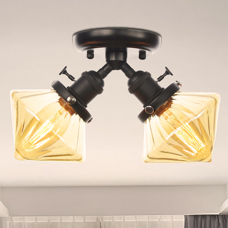 Diamond Amber/Clear Glass Semi Mount Farmhouse Light Fixture - 2-Light Semi Flush, Black/Bronze Design - Ideal for Restaurants