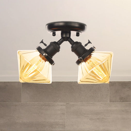 Diamond Amber/Clear Glass Semi Mount Farmhouse Light Fixture - 2-Light Semi Flush, Black/Bronze Design - Ideal for Restaurants