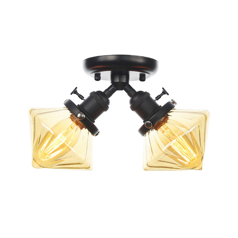 Diamond Amber/Clear Glass Semi Mount Farmhouse Light Fixture - 2-Light Semi Flush, Black/Bronze Design - Ideal for Restaurants