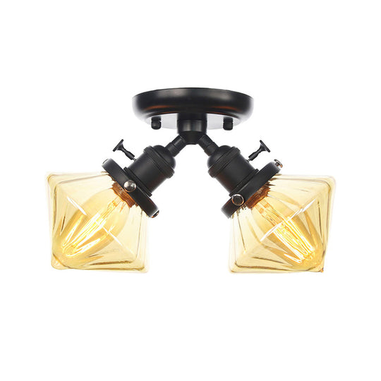 Diamond Amber/Clear Glass Semi Mount Farmhouse Light Fixture - 2-Light Flush Black/Bronze Design