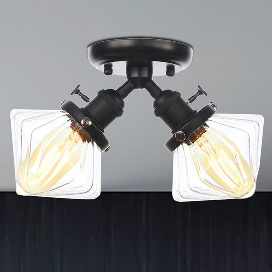 Diamond Amber/Clear Glass Semi Mount Farmhouse Light Fixture - 2-Light Semi Flush, Black/Bronze Design - Ideal for Restaurants