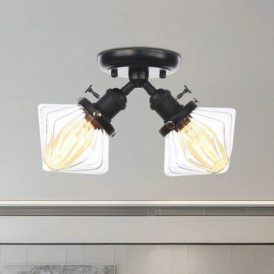 Diamond Amber/Clear Glass Semi Mount Farmhouse Light Fixture - 2-Light Flush Black/Bronze Design