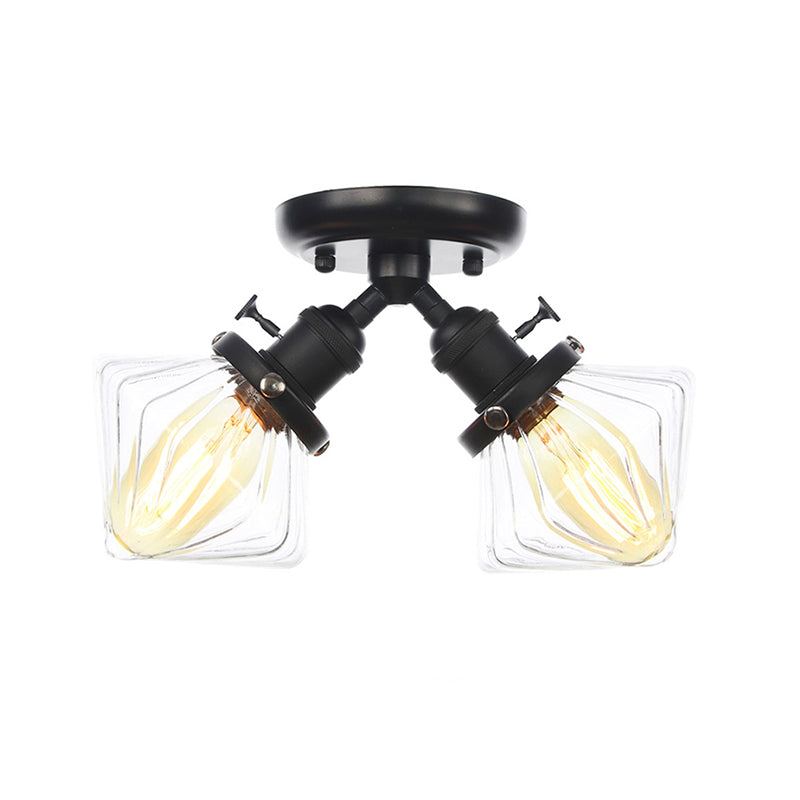 Diamond Amber/Clear Glass Semi Mount Farmhouse Light Fixture - 2-Light Flush Black/Bronze Design