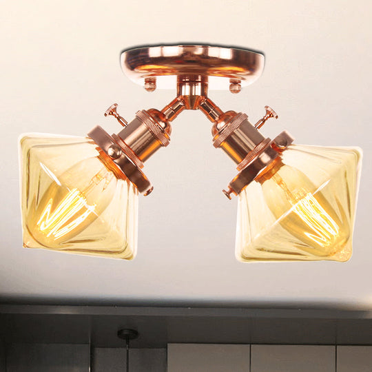 Diamond Amber/Clear Glass Semi Mount Farmhouse Light Fixture - 2-Light Semi Flush, Black/Bronze Design - Ideal for Restaurants