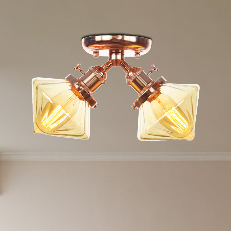 Diamond Amber/Clear Glass Semi Mount Farmhouse Light Fixture - 2-Light Flush Black/Bronze Design