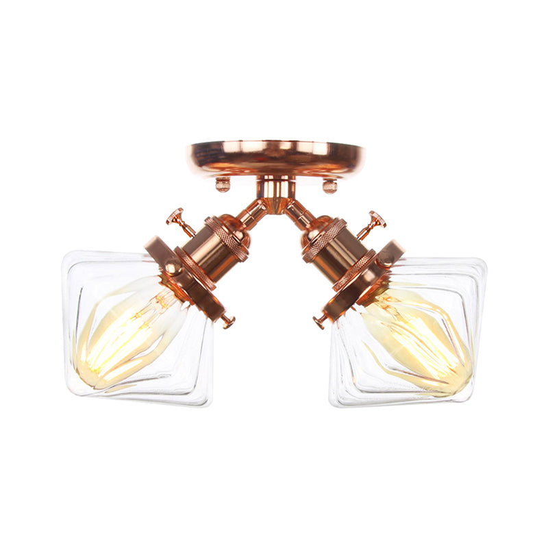 Diamond Amber/Clear Glass Semi Mount Farmhouse Light Fixture - 2-Light Flush Black/Bronze Design