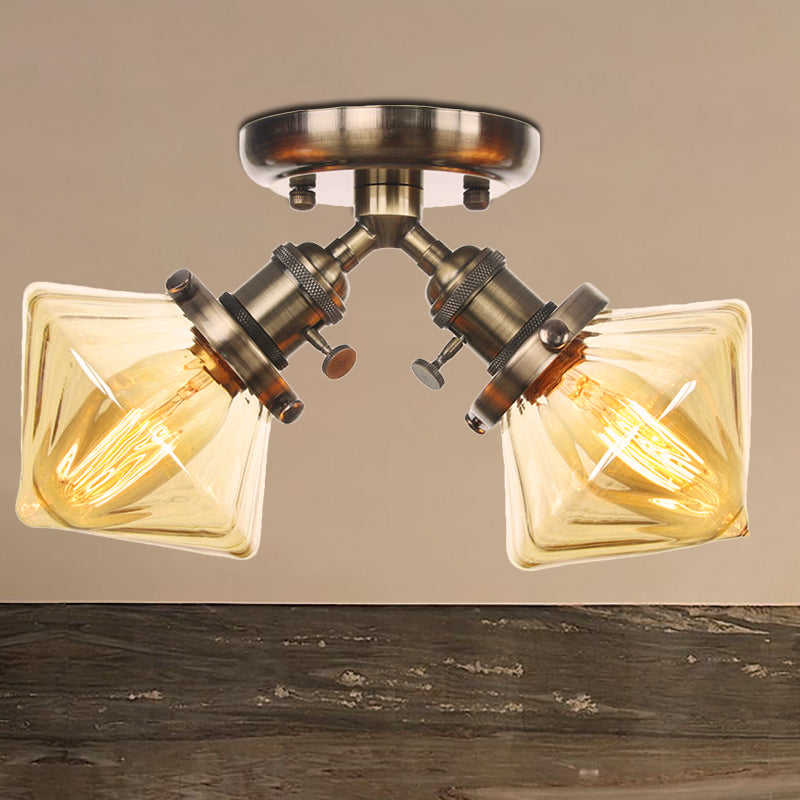 Diamond Amber/Clear Glass Semi Mount Farmhouse Light Fixture - 2-Light Semi Flush, Black/Bronze Design - Ideal for Restaurants