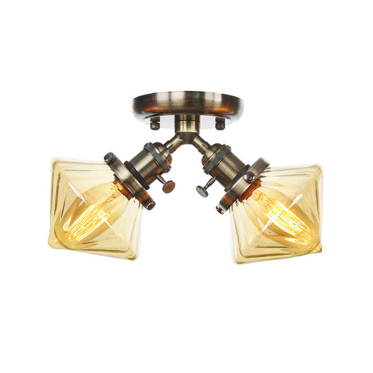 Diamond Amber/Clear Glass Semi Mount Farmhouse Light Fixture - 2-Light Semi Flush, Black/Bronze Design - Ideal for Restaurants