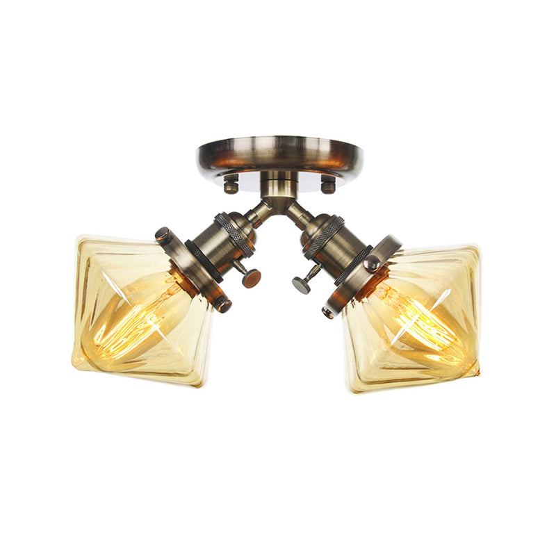 Diamond Amber/Clear Glass Semi Mount Farmhouse Light Fixture - 2-Light Flush Black/Bronze Design