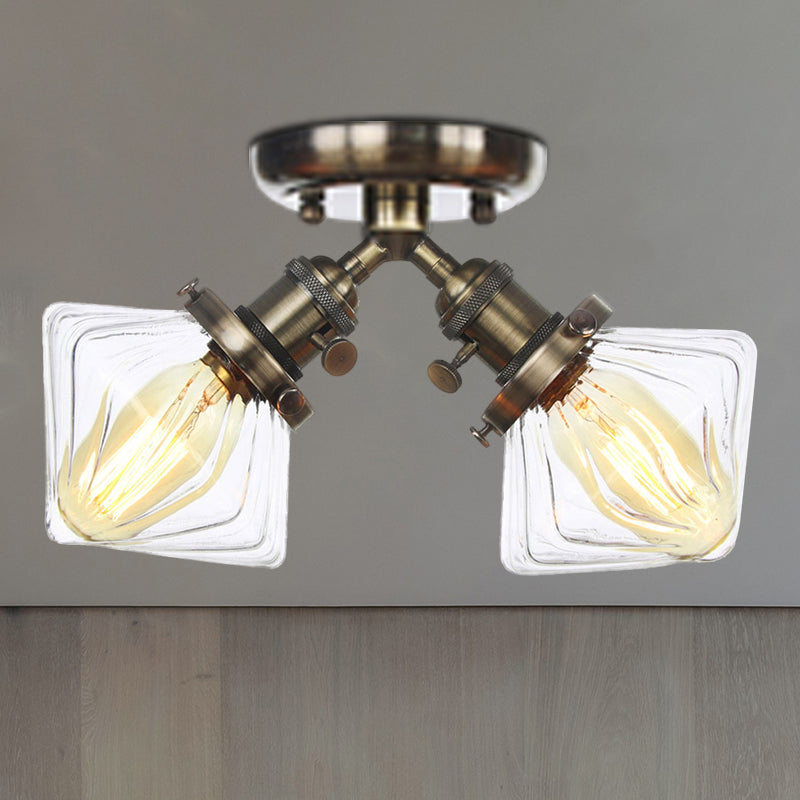 Diamond Amber/Clear Glass Semi Mount Farmhouse Light Fixture - 2-Light Flush Black/Bronze Design