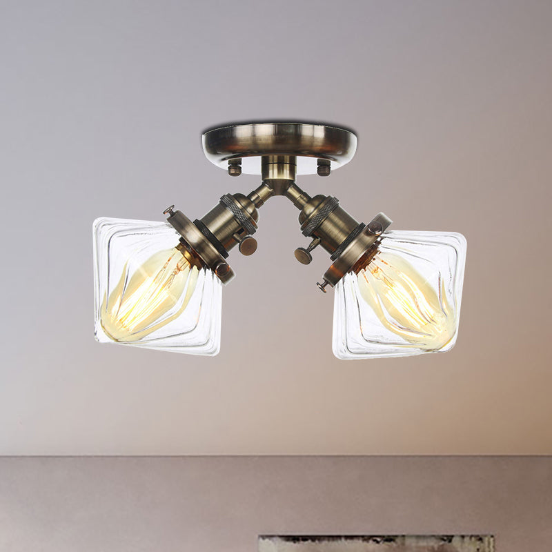 Diamond Amber/Clear Glass Semi Mount Farmhouse Light Fixture - 2-Light Semi Flush, Black/Bronze Design - Ideal for Restaurants