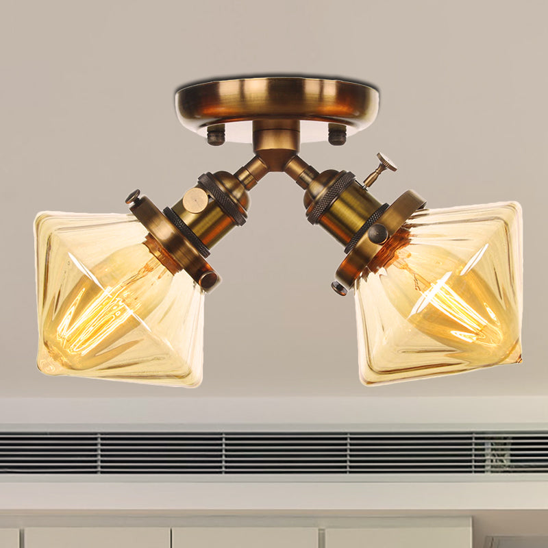 Diamond Amber/Clear Glass Semi Mount Farmhouse Light Fixture - 2-Light Flush Black/Bronze Design