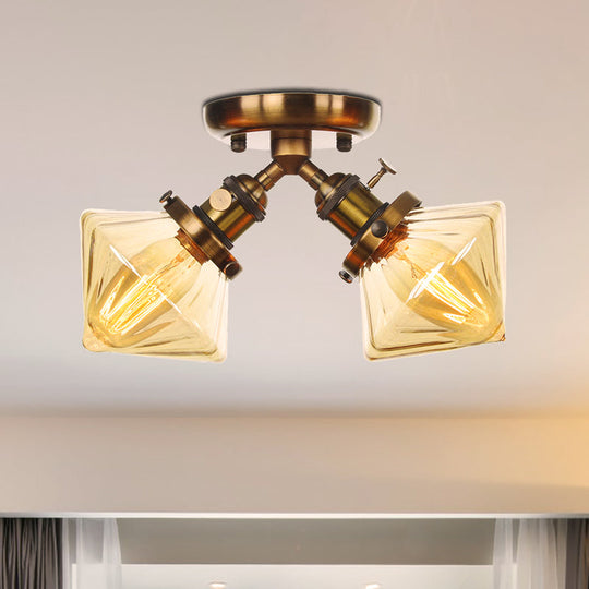 Diamond Amber/Clear Glass Semi Mount Farmhouse Light Fixture - 2-Light Semi Flush, Black/Bronze Design - Ideal for Restaurants