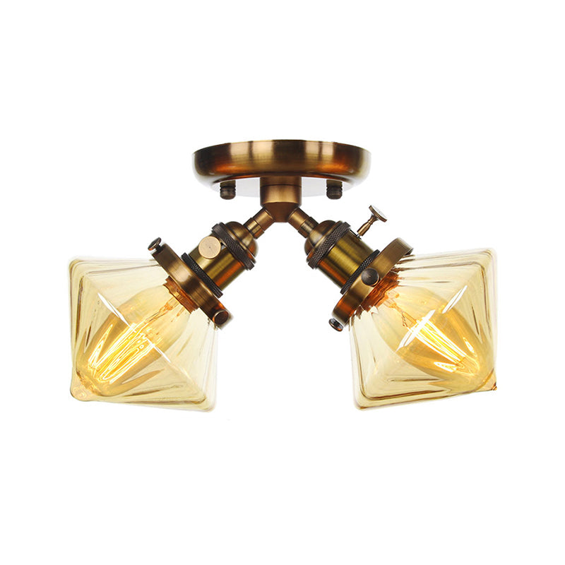 Diamond Amber/Clear Glass Semi Mount Farmhouse Light Fixture - 2-Light Semi Flush, Black/Bronze Design - Ideal for Restaurants