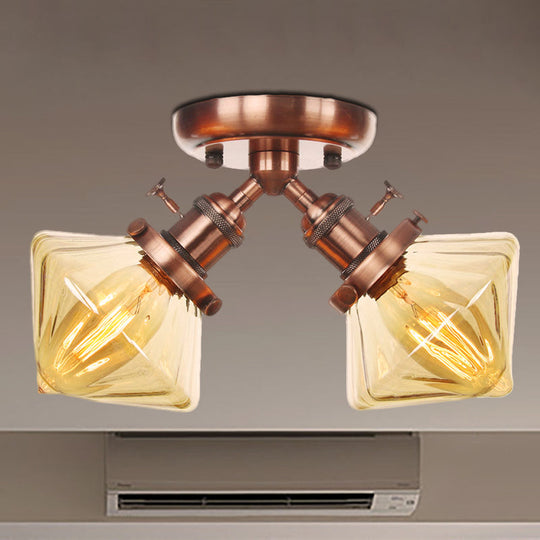 Diamond Amber/Clear Glass Semi Mount Farmhouse Light Fixture - 2-Light Semi Flush, Black/Bronze Design - Ideal for Restaurants