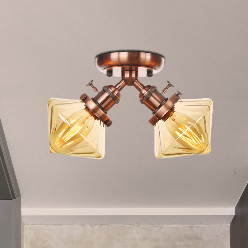 Diamond Amber/Clear Glass Semi Mount Farmhouse Light Fixture - 2-Light Semi Flush, Black/Bronze Design - Ideal for Restaurants