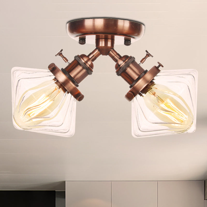 Diamond Amber/Clear Glass Semi Mount Farmhouse Light Fixture - 2-Light Semi Flush, Black/Bronze Design - Ideal for Restaurants