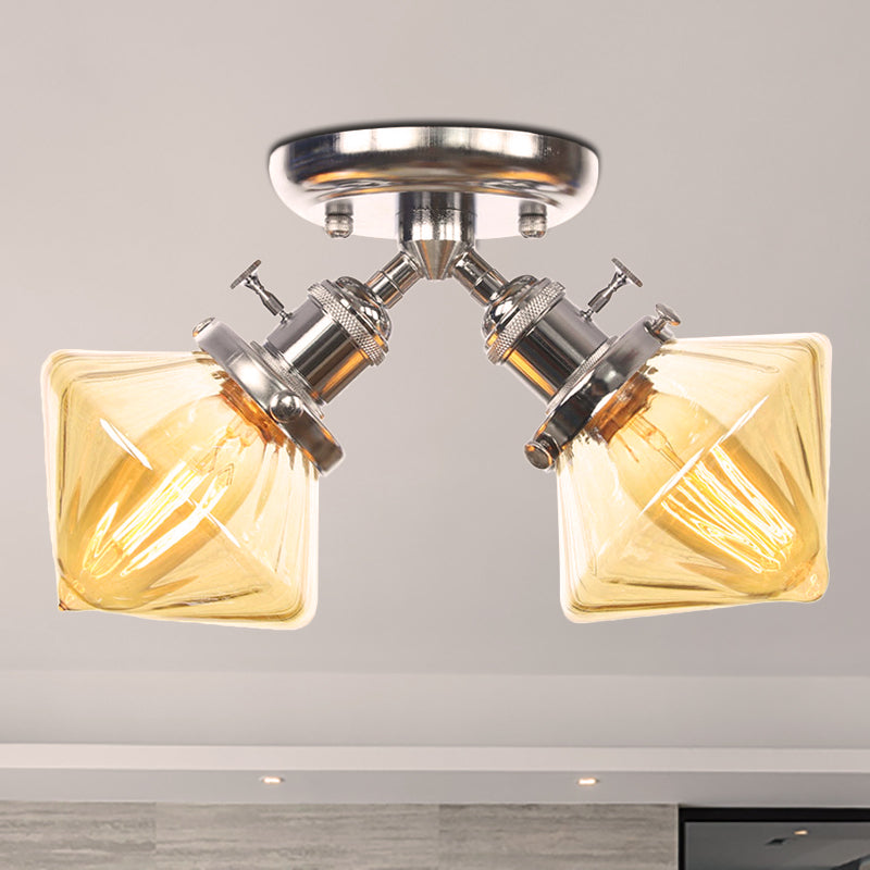 Diamond Amber/Clear Glass Semi Mount Farmhouse Light Fixture - 2-Light Semi Flush, Black/Bronze Design - Ideal for Restaurants