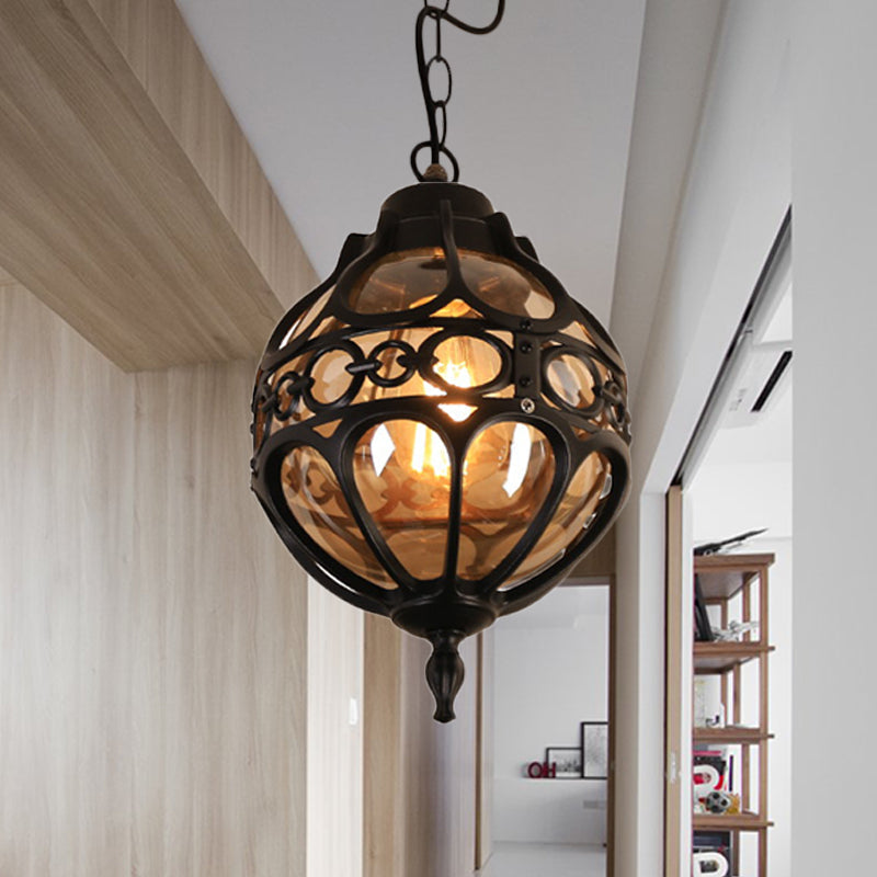 Amber Glass Farmhouse Hanging Light: Round Restaurant Ceiling Lamp With Cage In Black/Brass