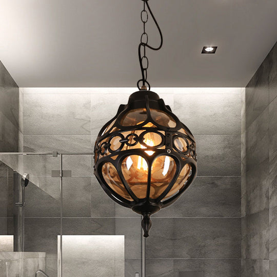 Amber Glass Farmhouse Hanging Light: Round Restaurant Ceiling Lamp With Cage In Black/Brass Black