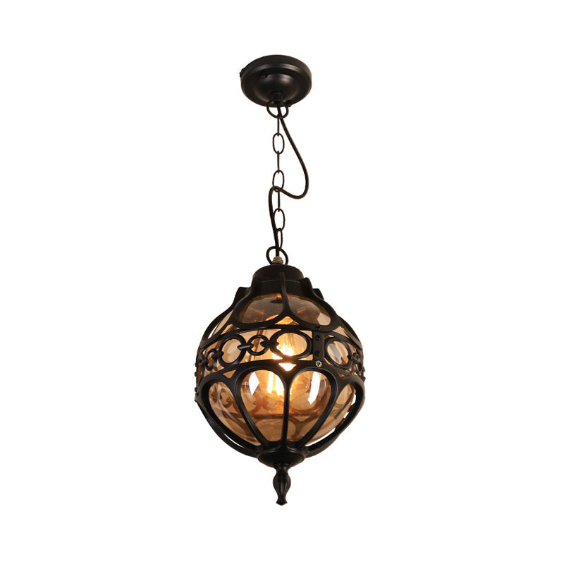 Amber Glass Farmhouse Hanging Light: Round Restaurant Ceiling Lamp With Cage In Black/Brass