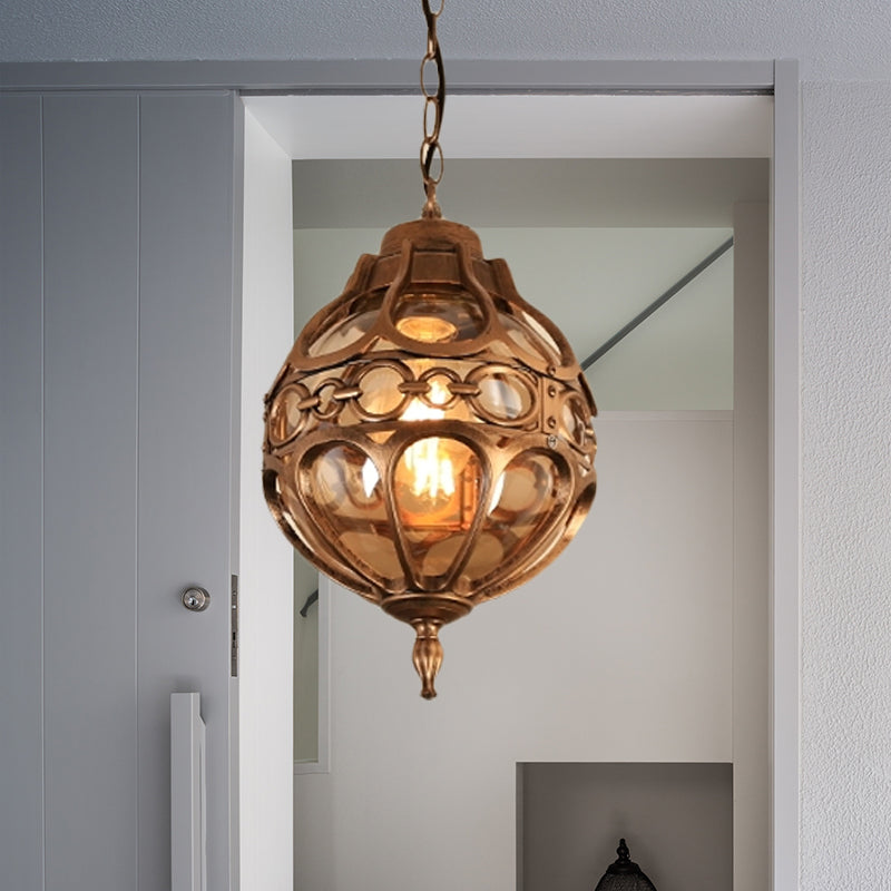 Amber Glass Farmhouse Hanging Light: Round Restaurant Ceiling Lamp With Cage In Black/Brass