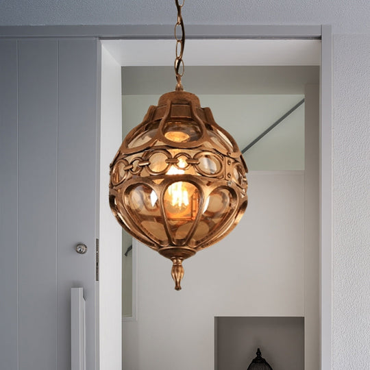 Amber Glass Farmhouse Hanging Light: Round Restaurant Ceiling Lamp With Cage In Black/Brass