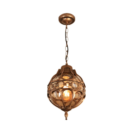 Amber Glass Farmhouse Hanging Light: Round Restaurant Ceiling Lamp With Cage In Black/Brass