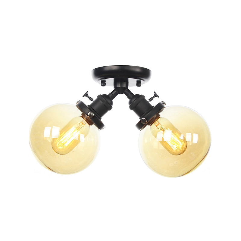 Farmhouse Style Semi Flush Ceiling Lamp - Metal And Glass With Dual Heads In Black/Bronze