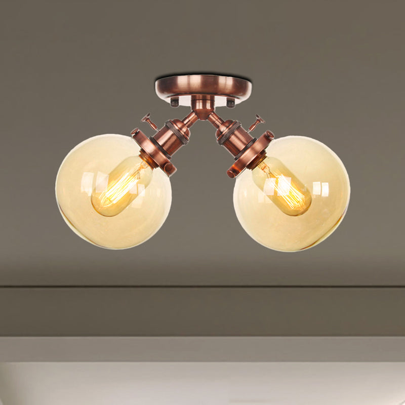 Farmhouse Style Semi Flush Ceiling Lamp - Metal and Glass with Dual Heads in Black/Bronze