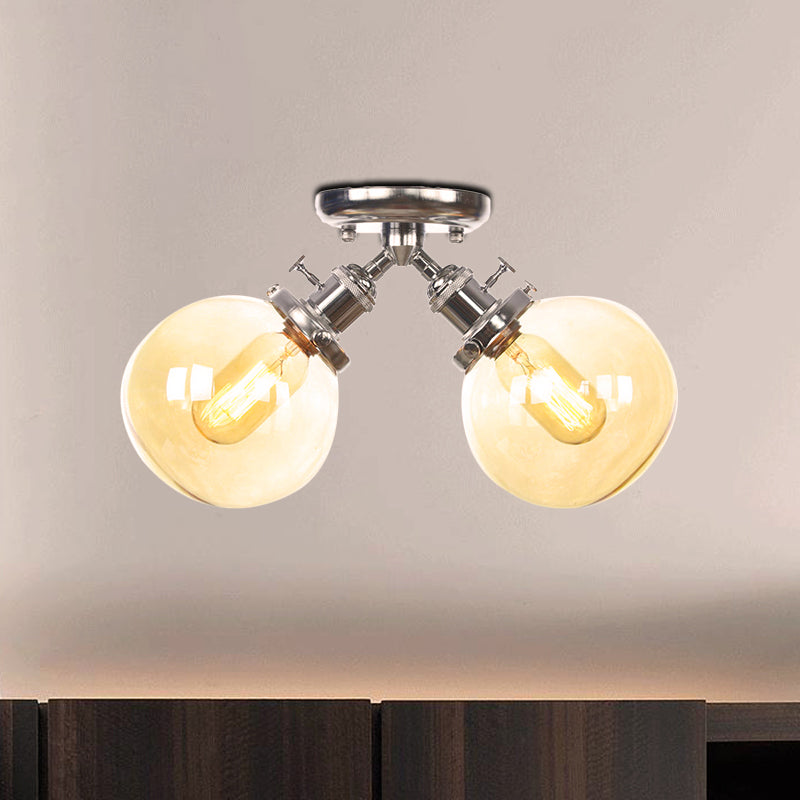 Farmhouse Style Semi Flush Ceiling Lamp - Metal and Glass with Dual Heads in Black/Bronze