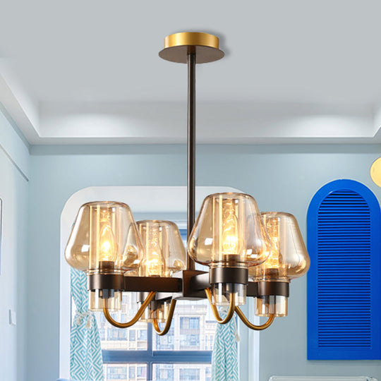 Colonial Style 4-Light Wine Cup Ceiling Chandelier With Clear/Blue/Amber Glass Pendants