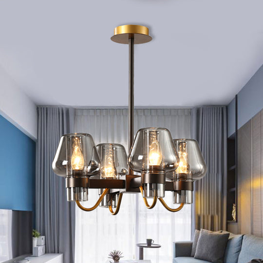 Colonial Style 4-Light Wine Cup Ceiling Chandelier With Clear/Blue/Amber Glass Pendants Smoke Gray