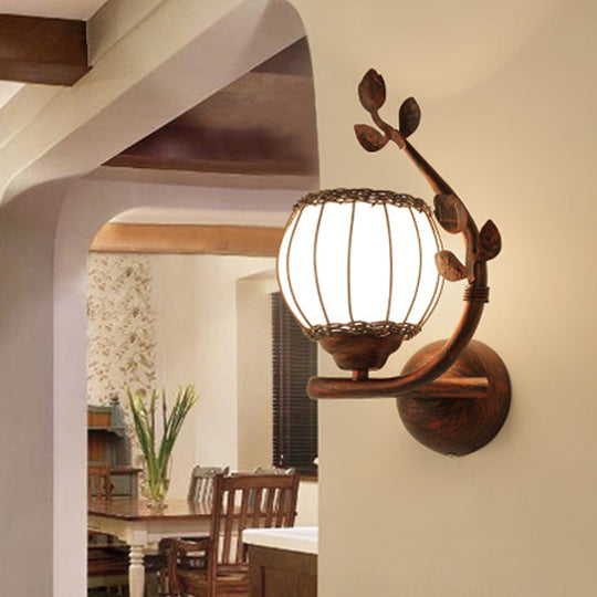 Rustic Wall Mounted Bedroom Lamp With Milky Glass Shade - Dark Wood Sconce Light (Right/Left)