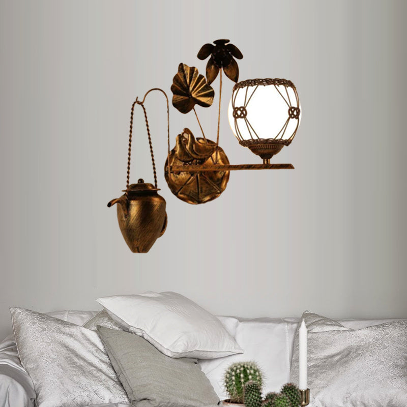 Country Style Milky Glass Antique Brass Sconce Lamp - Orb Wall Mount Lighting For Dining Room