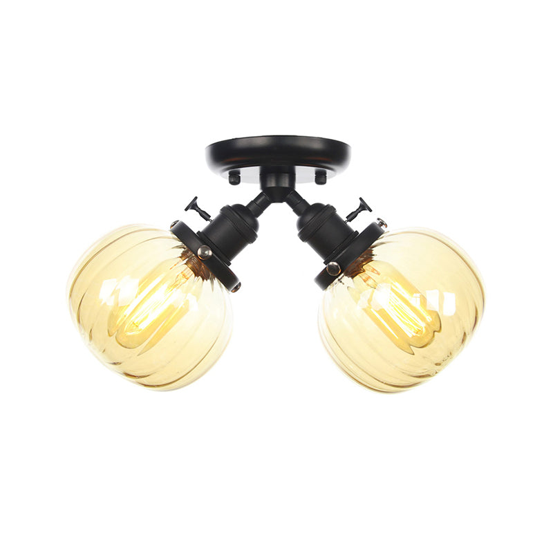 Industrial Style Amber/Clear Glass Ball Pendant Light - 2 Heads - Restaurant Ceiling Mounted Lamp