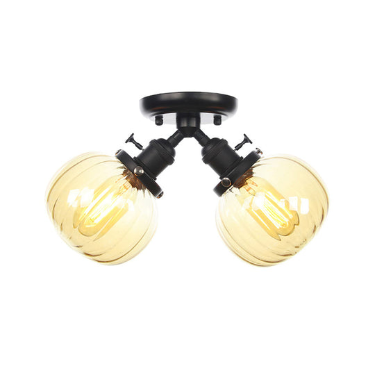 Industrial Style Amber/Clear Glass Ball Pendant Light - 2 Heads - Restaurant Ceiling Mounted Lamp